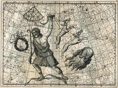 La Volta, la Corona Boreale, i cani da caccia, i capelli di Berenice. Incisione da 