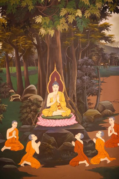 Il Buddha predicò il suo primo sermone ai cinque monaci, Affresco murale, Tempio Wat Botum, Phnom Penh, 2022 da Unbekannter Künstler