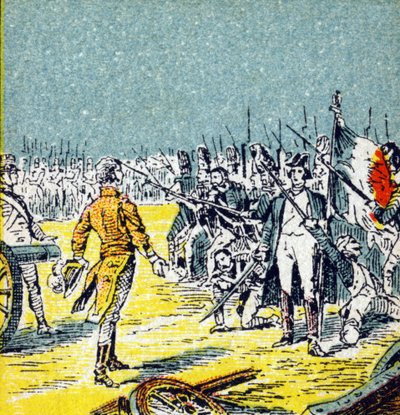 I Cento Giorni: Sconfitta di Napoleone I Bonaparte a Waterloo nel 1815. Incisione in "Histoire de France". Serie di immagini pubblicitarie pubblicate per conto di Louit, 24 rue d