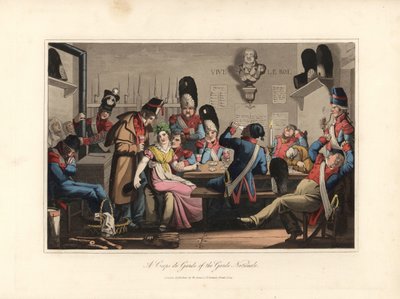 Le Guardie Nazionali nelle Guardie, che bevono con la cantiniera, commerciante di liquori e giocano a carte, fumano la pipa, alcuni dormono - Acquaforte dopo un