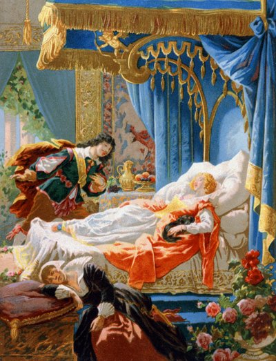 La Bella Addormentata e il principe affascinante, fine XIX secolo (cromolitografia) da Unbekannter Künstler