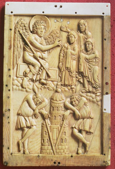 Le tre Marie al sepolcro, placca scolpita, Scuola del palazzo di Carlo Magno, francese da Unbekannt
