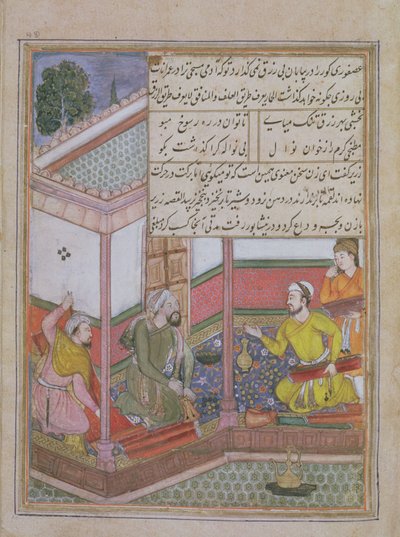 La Ventisettesima Notte: Zarir e altri due tessitori vendono stoffa a un uomo con una borsa, dal Tuti Nama, c.1580 da Unbekannt