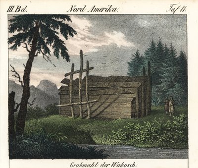 La tomba di legno degli indiani Wakashan (Canada). Litografia per il libro: “Galerie complete en tableaux fideles des peuples d