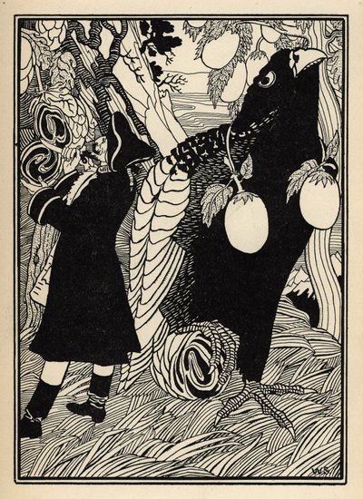 Il barone scopre i grandi uccelli e gli arrosti sugli alberi negli Stati Uniti. Illustrazione di William Strang e JB Clark da Le avventure del barone di Munchausen di Rudolf Erich Raspe da Unbekannter Künstler