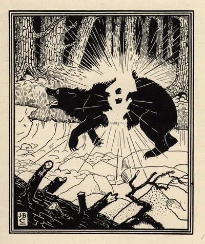 Il barone fa esplodere un orso nero con due pietre focaie. Illustrazione di William Strang e JB Clark da Le avventure del Barone di Munchausen di Rudolf Erich Raspe da Unbekannt