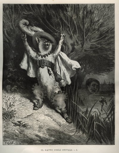 Il gatto con gli stivali chiede aiuto. Incisione di Gustave Dore (1832-1883) da 