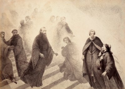 Lo spirito contemplativo di Pietro Damiano scende da una scala dorata, muovendosi verso Dante. Illustrazione del Canto XVI del Paradiso della Divina Commedia di Dante Alighieri. Opera di Francesco Scaramuzza dedicata al Comune di Firenze. da Unbekannter Künstler