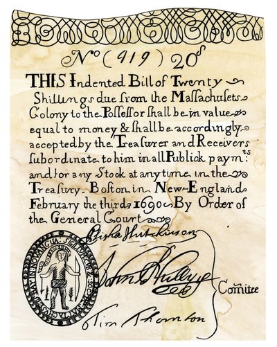La prima banconota americana del valore di 20 scellini, emessa dal General Court della Colonia di Boston (Massachusetts, USA) nel 1690 da Unbekannter Künstler