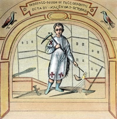 Il fossore o becchino Diogene come dipinto murale nella chiesa di San Marcellino in Via Labicana a Roma, Italia anni 1920 da Unbekannter Künstler