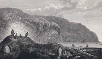 Gli abitanti di Oonalashka (o Unalaska, Alaska, Stati Uniti) e le loro case. Incisione della fine del XVIII secolo, dopo John Webber (1751-1793) da Unbekannter Künstler