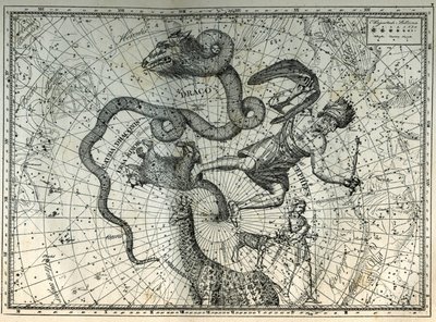 Le costellazioni vicine al Polo Nord: Orsa Minore, Drago, Cefeo, Giraffa, Renna e Messier. Incisione da 