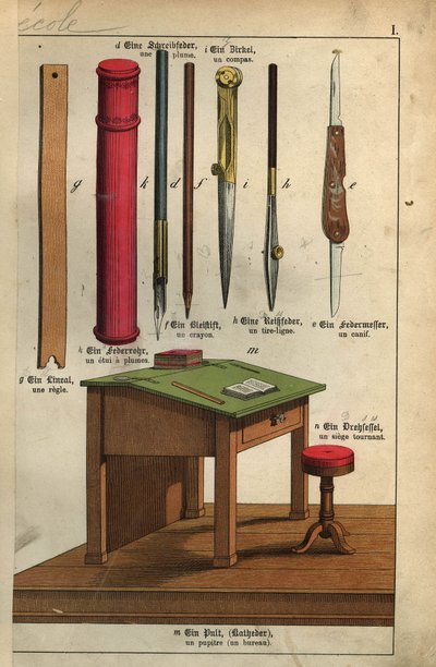 Gli strumenti della scuola: il righello, le penne e il loro astuccio, il compasso, la matita e il temperamatite. Tavola da un dizionario per bambini franco-tedesco da Unbekannt