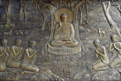 La vita del Buddha, Siddhartha Gautama, Il Buddha predica il suo primo sermone ai cinque monaci al Parco dei Cervi a Varanasi da Unbekannt