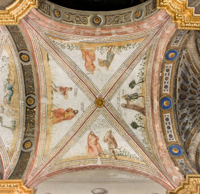 Transetto sud, terza campata ovest, Isacco chiede a Esaù di portargli selvaggina, Rebecca veste Giacobbe con i vestiti di Esaù, Giacobbe scambiato per Esaù dà cibo a Isacco, Esaù ritorna con la selvaggina, Cattedrale di Santa Maria Assunta, Duomo, Cremona, da Unbekannt