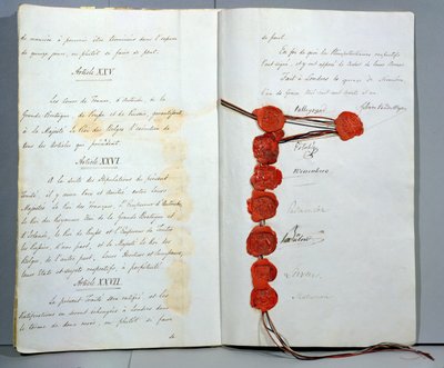 Trattato che stabilisce il Belgio come Stato Sovrano, firmato il 15 novembre 1831 alla Conferenza di Londra (penna e inchiostro e cera su carta) da Unbekannt