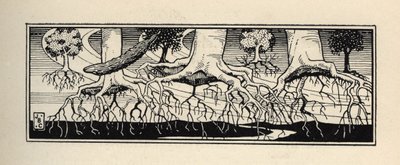 Alberi sradicati da una tempesta ripiantano le loro radici esattamente dove erano. Illustrazione di William Strang (1859-1921) e JB Clark da 