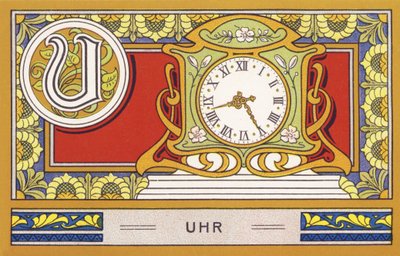 U : Uhr - Alphabet Palmin. Serie di cromolitografie edite da H. Schlinck & Cie, Amburgo, s. d. Pubblicità per Palmin feinstes Cocosfett. Dimensioni: 7 x 11 cm da Unbekannter Künstler