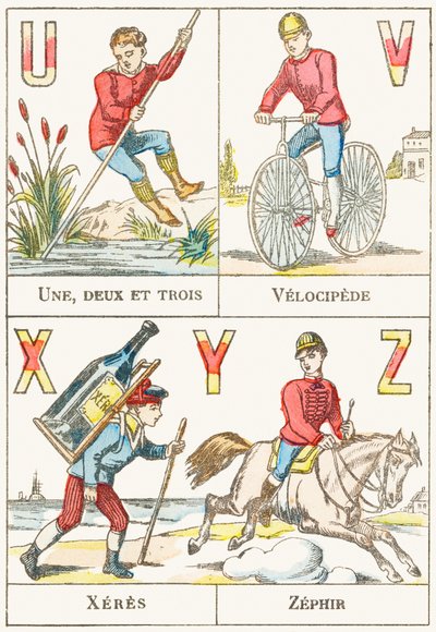 U V X Y Z ; U : Uno, due e tre ; V : Velocipede ; X : Xeres ; Z : Zephir - Alfabeto dei Giochi, c.1890 (incisione) da Unbekannt