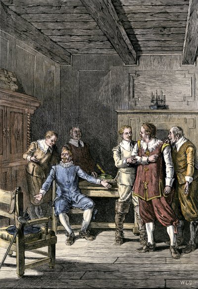 Stati Uniti, Massachusetts: Disputa tra John Winthrop (1588-1649) e Thomas Dudley (1576-1653) nella Colonia della Baia del Massachusetts. Incisione colorata del 19° secolo da Unbekannter Künstler