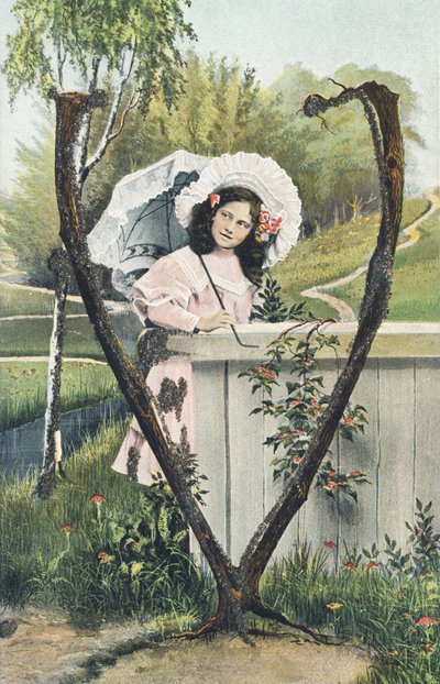 V : Una giovane ragazza vestita con un abito rosa, un copricapo in testa, un ombrello in mano si trova in piedi in un ambiente campestre - Alfabeto personaggi Rif Th. E., L. Theochrom - Serie 994. Theodor Eisman, editore, Lipsia da Unbekannt