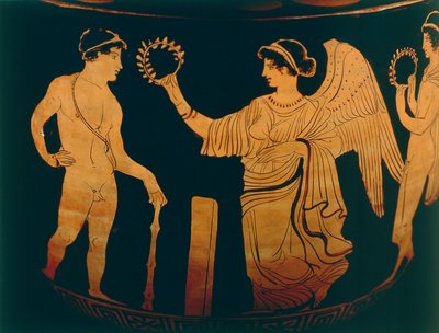Vaso, decorazione che raffigura la vittoria che incorona un atleta con un ramo d