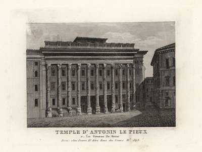 Veduta del Tempio di Adriano, Templum Divus Hadrianus, con 11 colonne dedicate dal figlio adottivo Antonino Pio, Tempio di Antonino Pio, Roma da Unbekannt
