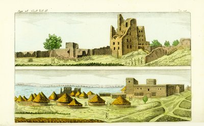 Veduta della moschea e delle case a Sennar, Sudan (in basso), e delle rovine della casa del re Funj di Sennar (in alto) sul Nilo Azzurro da Unbekannt