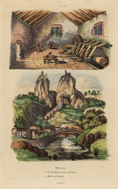 Veduta della città, ponte e chiesa sulla roccia a Oberstein 1, e veduta del mulino per la lucidatura di agata e diaspro 2 da Unbekannt