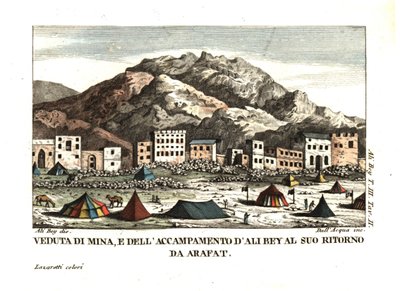 Vista del villaggio di Mina, nel deserto di Arafat (Città delle Tende, La Mecca, Arabia Saudita). Illustrazione di Ali Bey el Abbassi dai suoi Viaggi in Marocco, Tripoli, Cipro, Egitto, Arabia, Siria e Turchia, Londra 1816. Incisione su rame colorata a man da Unbekannter Künstler
