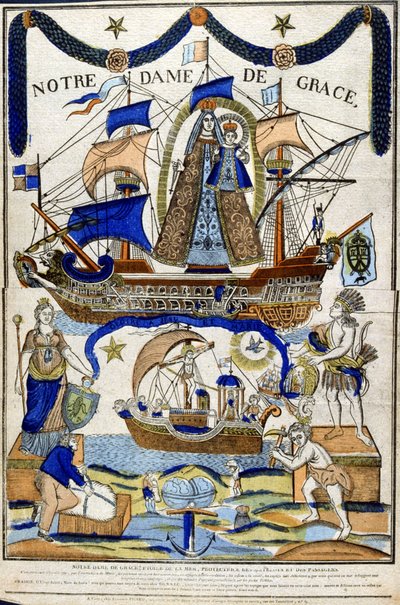 Vergine Maria come Madonna in Gloria (Notre Dame de Grace) come protettrice dei marinai e dei viaggiatori. Colomba dello Spirito Santo vola sopra la nave nella metà inferiore. 19° secolo da Unbekannter Künstler
