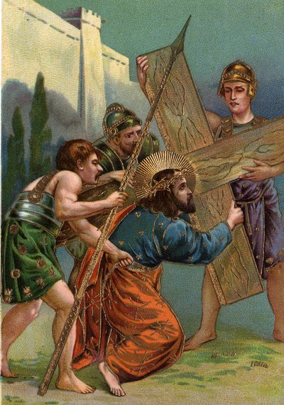 Via Crucis: terza stazione, Gesù cade per la prima volta sotto il peso della sua croce Cromolitografia Collezione privata da William M. Timlin
