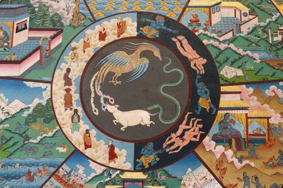 Ruota della vita o ruota del Samsara (Mandala): gallo, serpente e maiale, Monastero di Kopan, Kathmandu, Nepal da Unbekannt