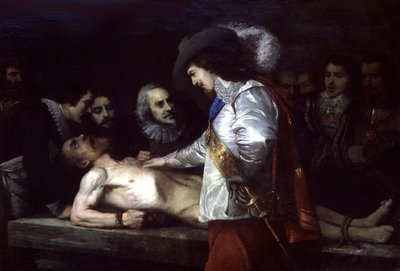 William Harvey (1578-1657) medico e fisiologo inglese, qui mostra la circolazione del sangue da Unbekannter Künstler
