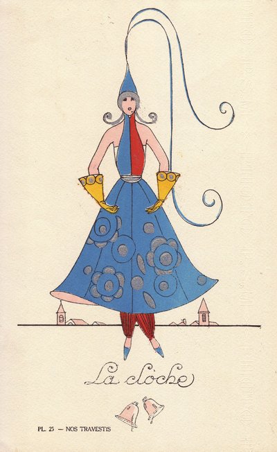 Donna in costume da ballo a campana, la campana, con cappello, vestito e guanti a forma di campana, e campanili sullo sfondo da Unbekannter Künstler
