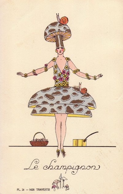 Donna in costume da fungo, le mushroom, cappello e vestito a forma di fungo, decorato con lumache e fiori da Unbekannter Künstler
