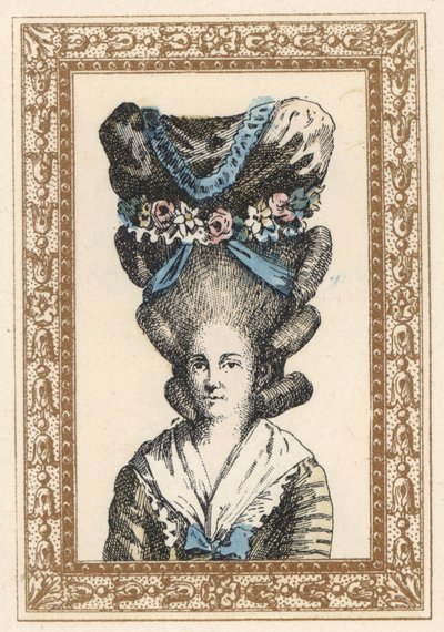 Donna con cappello Gabrielle Vergy, legato con nastri e ghirlande di fiori. Cappello à la Gabrielle Vergy, ispirato alla tragedia di Dormont De Belloy del 1777 da Unbekannter Künstler