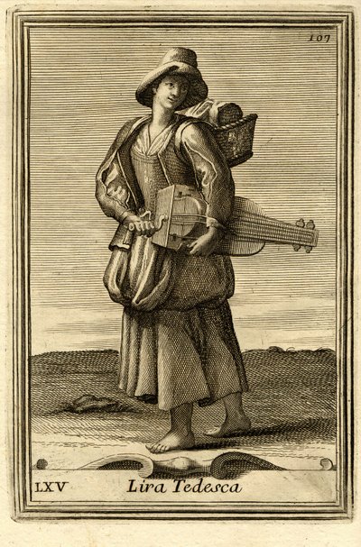 Donna che suona la vecchia ruota (o "Lira tedesca" o "ghironda"). In "Gabinetto Armonico" di Filippo Bonanni, Roma da Unbekannter Künstler