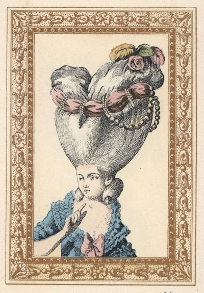 Donna con capelli raccolti su un pouf (supporto) e decorati con fiori, perle e un nastro, chiamato la Pulce da Unbekannter Künstler