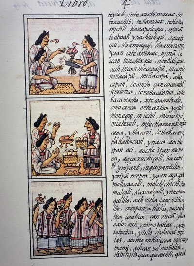 Donne che preparano il banchetto, Libro IV del Codice Fiorentino, versione bilingue in spagnolo e nahuatl, Storia generale delle cose della Nuova Spagna, Civiltà azteca da William M. Timlin