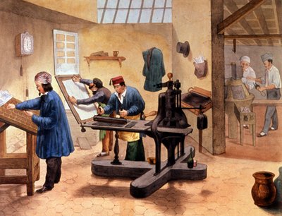 Officina di un tipografo, fine XIX secolo da Unbekannter Künstler