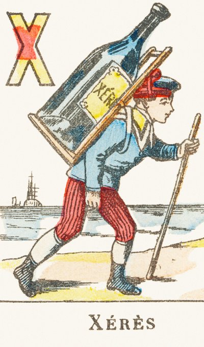 X: Xeres, un ragazzo tiene sulla schiena una grande bottiglia di vino - Alfabeto dei giochi, circa 1890 (incisione) da Unbekannt