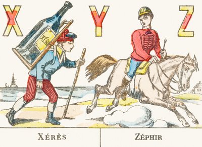 X Y Z: Xeres, Zefiro - un ragazzo tiene sulla schiena una grande bottiglia di vino e un cavaliere galoppa sul suo cavallo chiamato Zefiro - Alfabeto dei giochi, circa 1890 (incisione) da Unbekannt