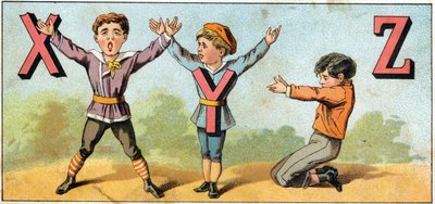 Lettere X Y e Z imitate dalla posizione del corpo. Incisione in "Alphabet des petits ecoliers". Imagerie di Epinal, circa 1885. Collezione privata da Unbekannt