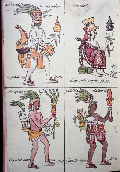 Xiuhtecuhtli, Omacatl, Macuilxochitl, Ixtlilton, Pagina dal Codice Fiorentino, Versione in spagnolo e nahuatl, Storia Generale delle Cose della Nuova Spagna (Historia general de las cosas de Nueva Espana), Azteca da Benjamin Baud