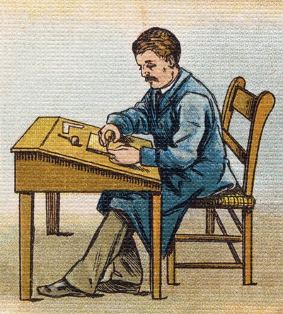 Xilografo nel suo studio. Incisione in "Alphabet de ma petite fille". Bernardin-Bechet e Fils, librai-editori, Parigi, circa 1895. Album infrangibile su tela. Bibliothèque des Bebes. da Unbekannt