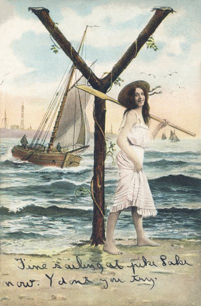 Y : Una donna a piedi nudi, vestita con un abito corto senza maniche, tiene un remo sulla spalla sinistra. Decorazione marina - Alfabeto personaggi Ref Th. E., L. Theochrom - Serie 994. Theodor Eisman, editore, Lipsia da Unbekannt
