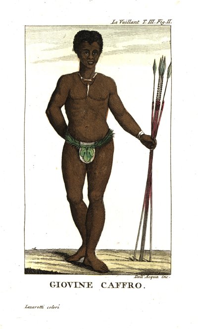 Giovane uomo San, con lance, Sud Africa. Da Francois Le Vaillant (Levaillant da Unbekannter Künstler