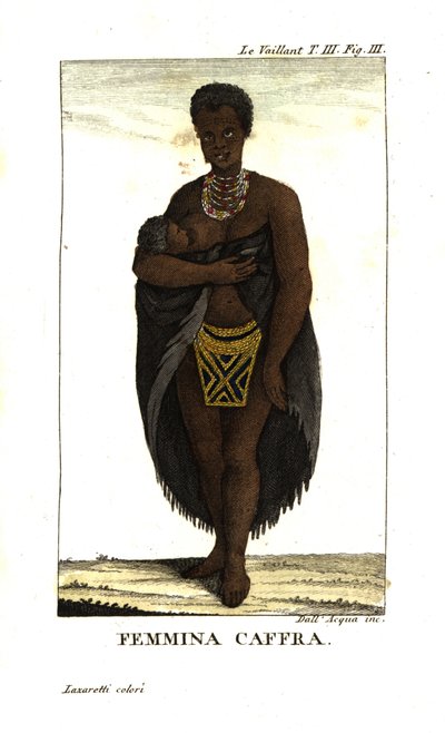 Giovane donna San che allatta un bambino, Sud Africa. Indossa un mantello, collane e una gonna con perline. Da Francois Le Vaillant (Levaillant da Unbekannter Künstler
