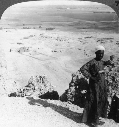 Dalle alte scogliere di Der-el-Bahri attraverso la pianura fino a Luxor, Tebe, Egitto, 1905 da Underwood and Underwood